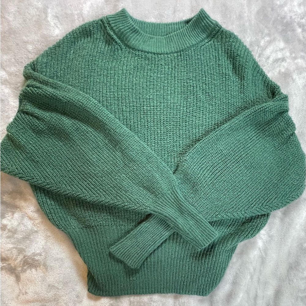Hunter Green Puff Sleeve Knit Sweater Size Large Preppy Cozy Chic